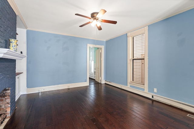 unfurnished living room with hardwood / wood-style flooring, crown molding, a baseboard heating unit, and ceiling fan