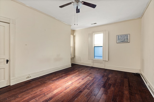 unfurnished room featuring crown molding, wood-type flooring, and ceiling fan