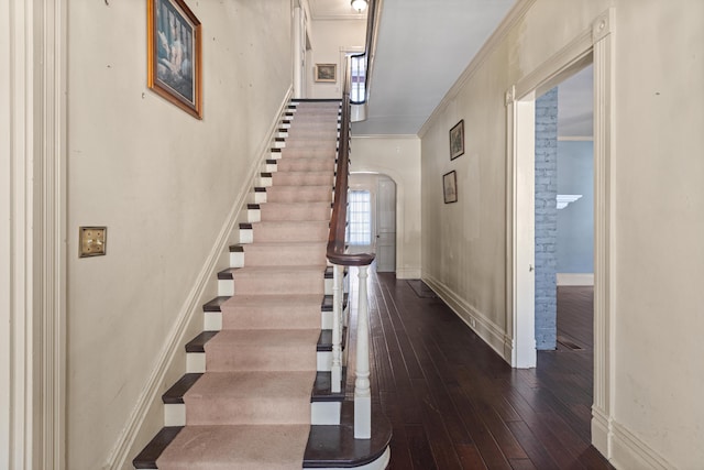 staircase featuring crown molding and hardwood / wood-style floors