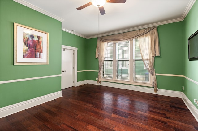 unfurnished room featuring hardwood / wood-style flooring, crown molding, and ceiling fan