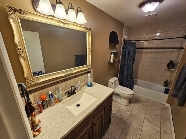 bathroom with decorative backsplash, toilet, shower / tub combo with curtain, tile patterned floors, and vanity