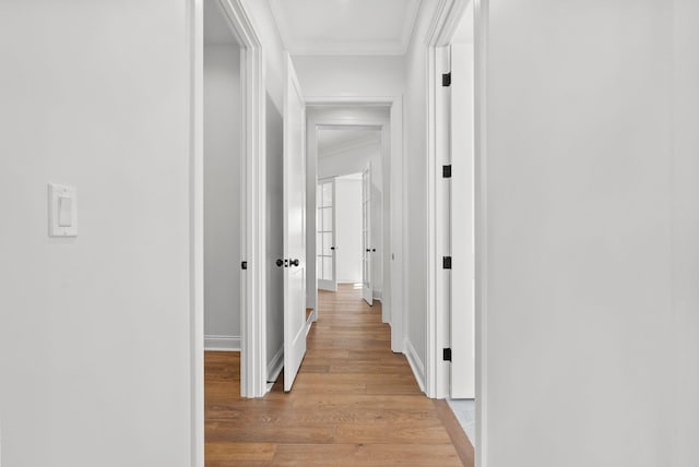 hall featuring crown molding and light hardwood / wood-style floors