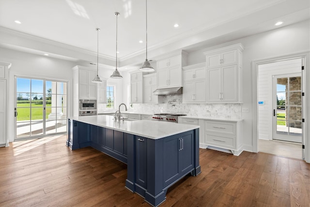 kitchen with sink, range, white cabinetry, hanging light fixtures, and a large island with sink