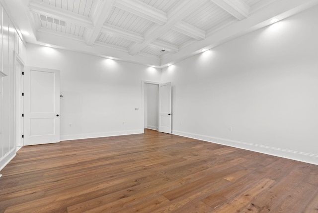 spare room featuring dark hardwood / wood-style floors, coffered ceiling, and beam ceiling