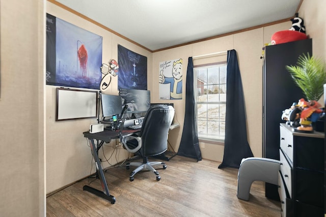 home office featuring crown molding and hardwood / wood-style floors