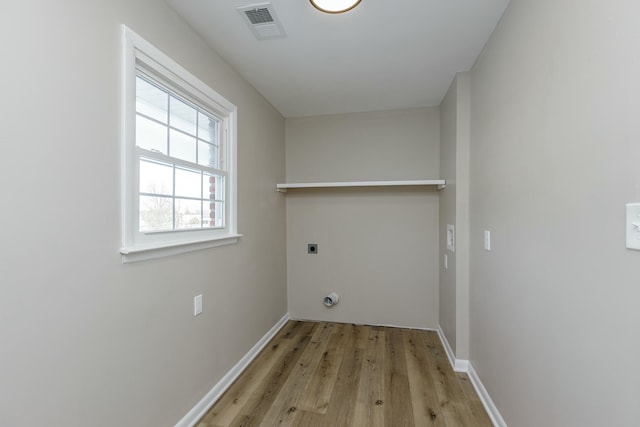 laundry room featuring hookup for an electric dryer and light wood-type flooring