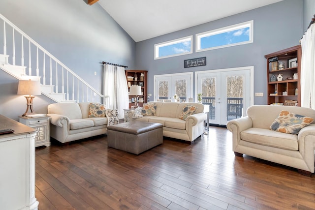 living room featuring beam ceiling, dark wood-type flooring, high vaulted ceiling, and french doors