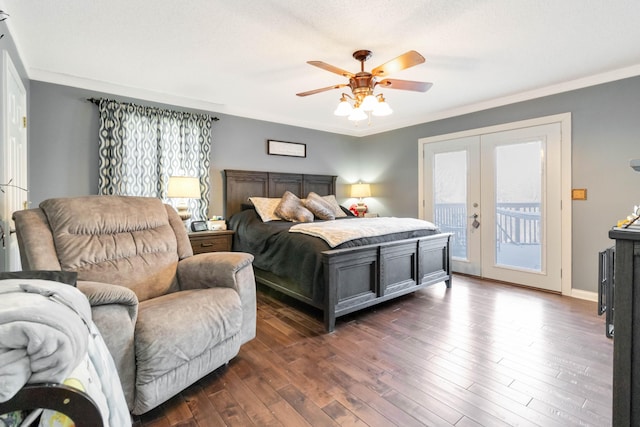 bedroom featuring french doors, dark wood-type flooring, access to outside, ornamental molding, and ceiling fan