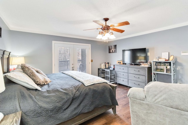 bedroom with wood-type flooring, ornamental molding, access to exterior, ceiling fan, and french doors