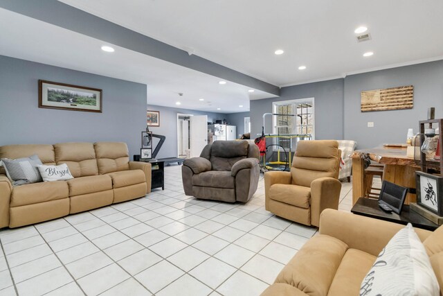 tiled living room with ornamental molding