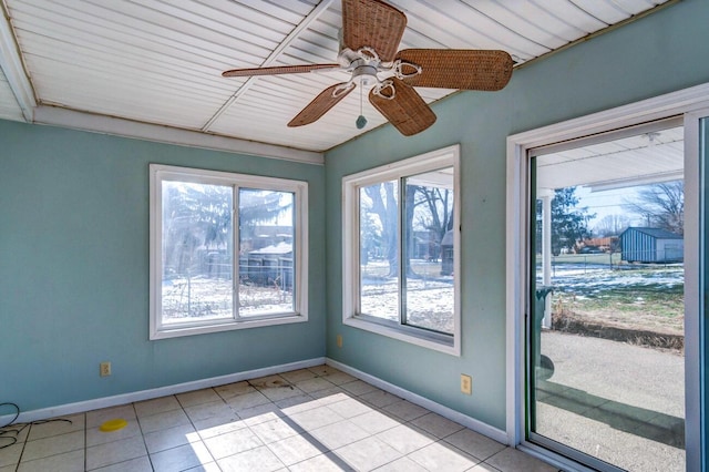 unfurnished sunroom featuring ceiling fan