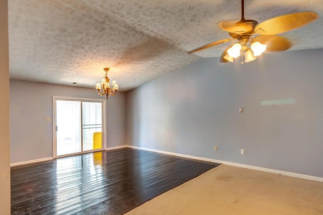 unfurnished room with hardwood / wood-style flooring, lofted ceiling, ceiling fan with notable chandelier, and a textured ceiling