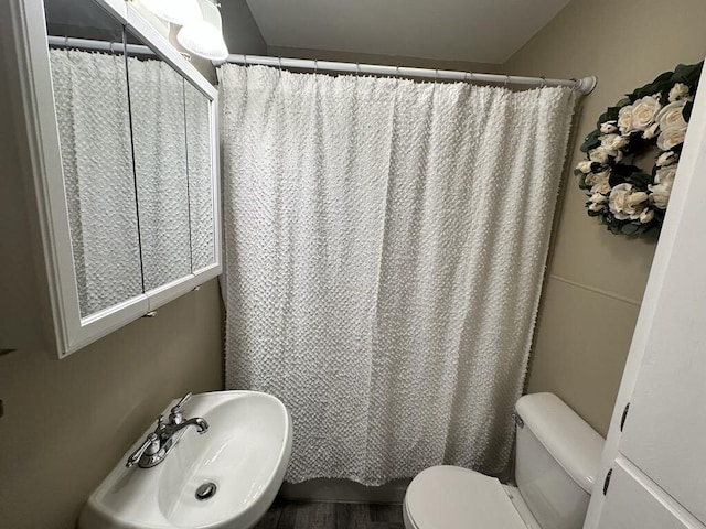 bathroom with hardwood / wood-style flooring, toilet, sink, and a shower with shower curtain