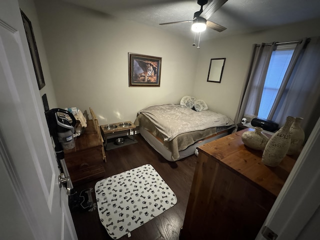 bedroom featuring ceiling fan, dark hardwood / wood-style floors, and a textured ceiling