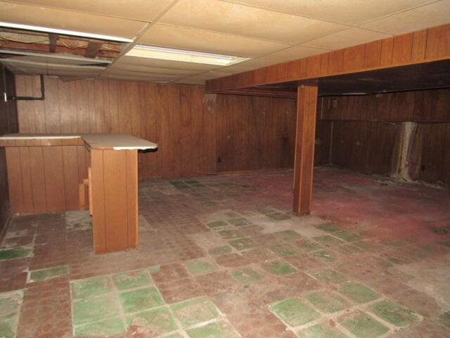 basement featuring wooden walls