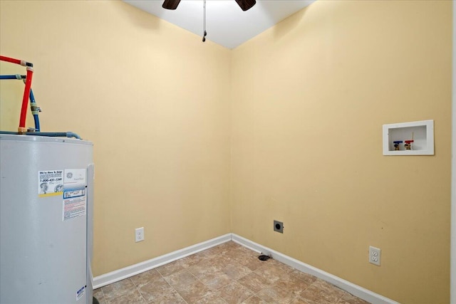 laundry room featuring water heater, hookup for a washing machine, hookup for an electric dryer, and ceiling fan