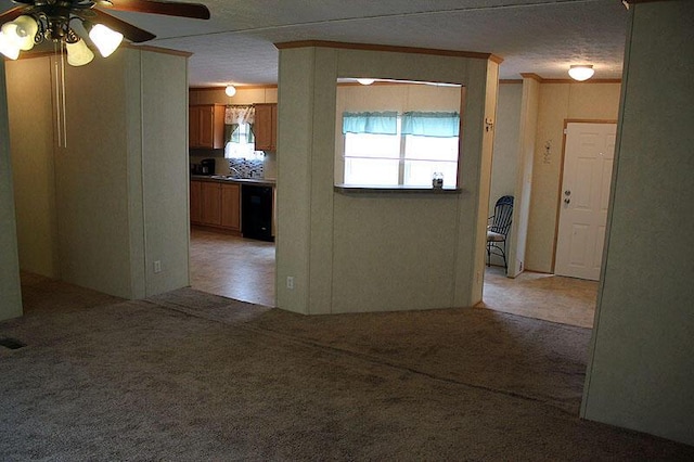 spare room featuring ornamental molding, light colored carpet, ceiling fan, and a textured ceiling