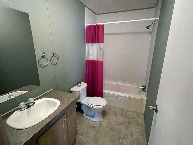 full bathroom with toilet, vanity, shower / bathtub combination with curtain, and a textured ceiling