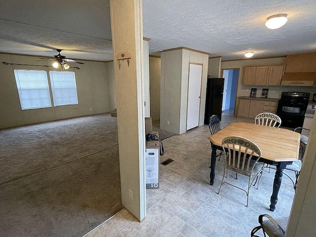 kitchen with light brown cabinetry, a textured ceiling, light carpet, ceiling fan, and stove