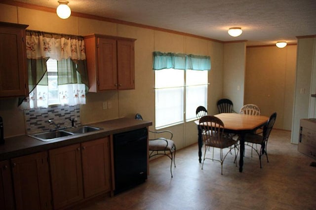 kitchen featuring dishwasher, plenty of natural light, sink, and ornamental molding