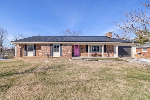 single story home with a porch, a garage, and a front lawn