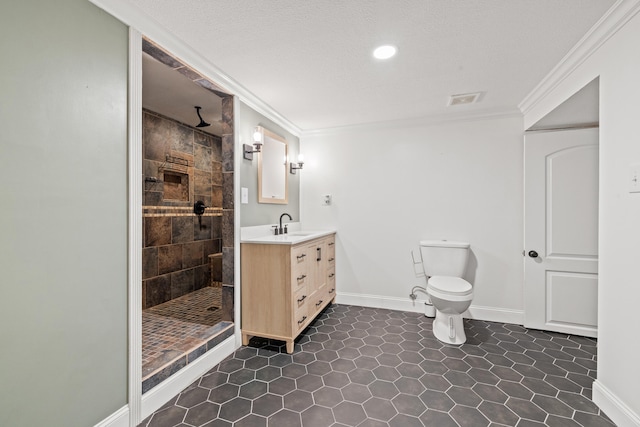 bathroom featuring walk in shower, toilet, a textured ceiling, ornamental molding, and vanity