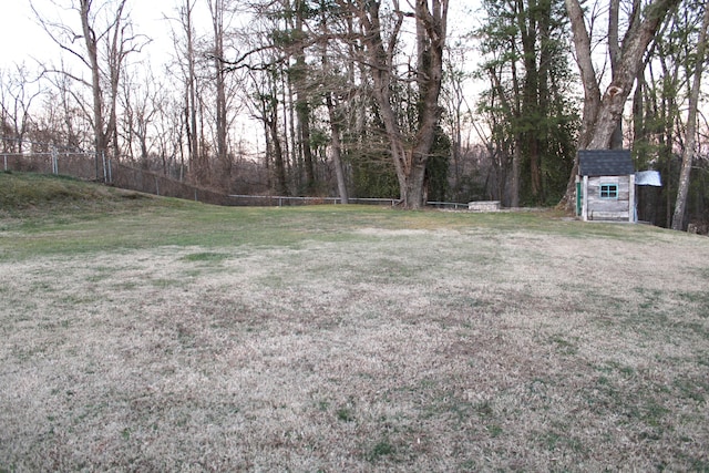 view of yard with an outbuilding, fence, and a storage unit