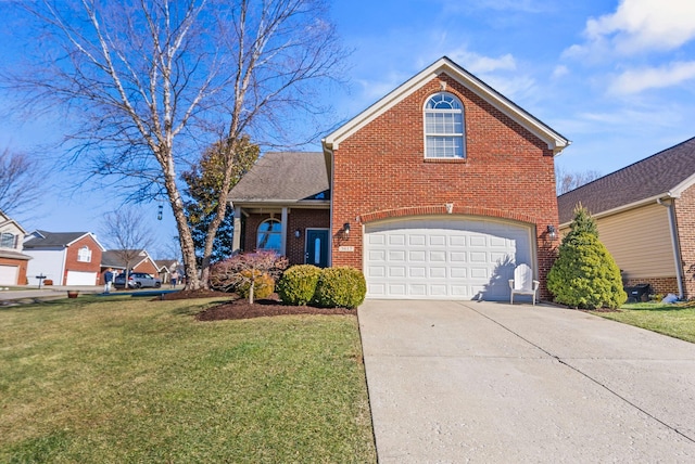 view of property with a garage and a front lawn