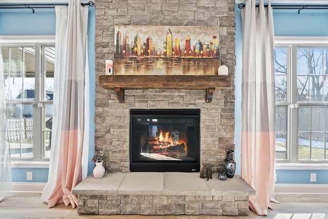 room details with wood-type flooring and a fireplace