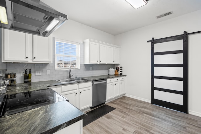 kitchen with appliances with stainless steel finishes, ventilation hood, sink, white cabinets, and a barn door