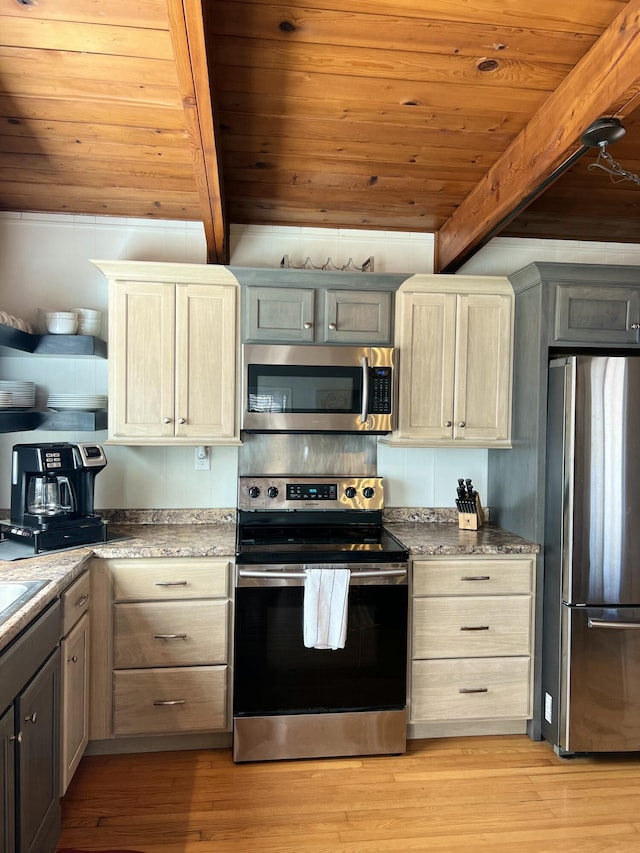 kitchen featuring wood ceiling, beam ceiling, light wood-type flooring, and appliances with stainless steel finishes