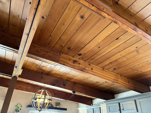 room details featuring a chandelier, wood ceiling, and beam ceiling