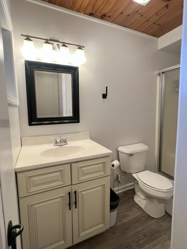 bathroom with wood ceiling, an enclosed shower, vanity, wood-type flooring, and toilet