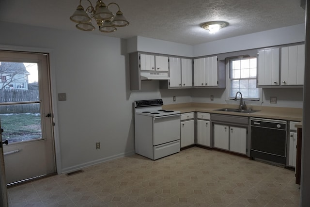 kitchen featuring sink, white electric range, white cabinets, and black dishwasher