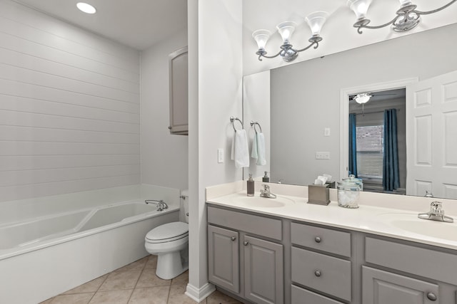 bathroom with tile patterned flooring, vanity, and toilet