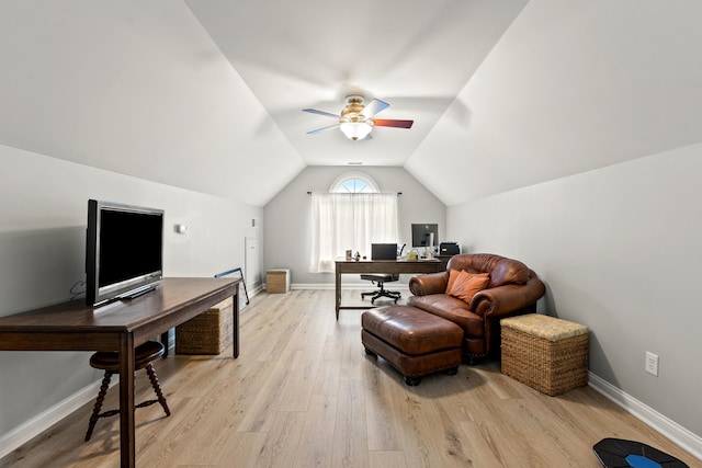 office with ceiling fan, lofted ceiling, and light hardwood / wood-style floors