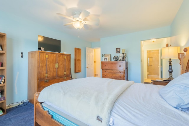 carpeted bedroom with connected bathroom and ceiling fan