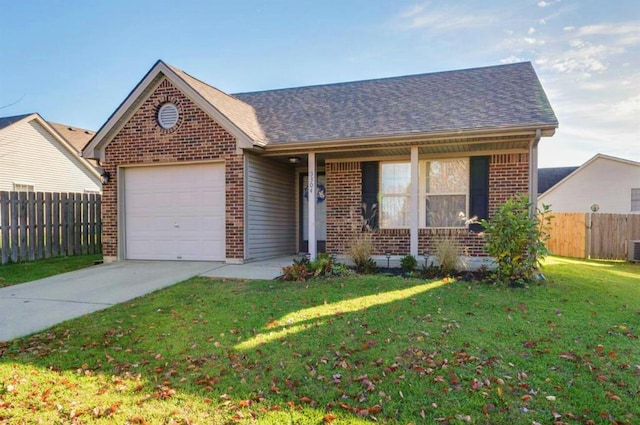 ranch-style house featuring cooling unit, a garage, and a front lawn