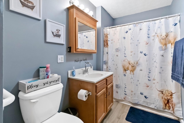 bathroom with wood-type flooring, vanity, walk in shower, and toilet