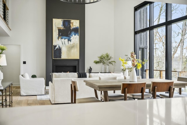 dining space featuring wood finished floors, a high ceiling, and plenty of natural light