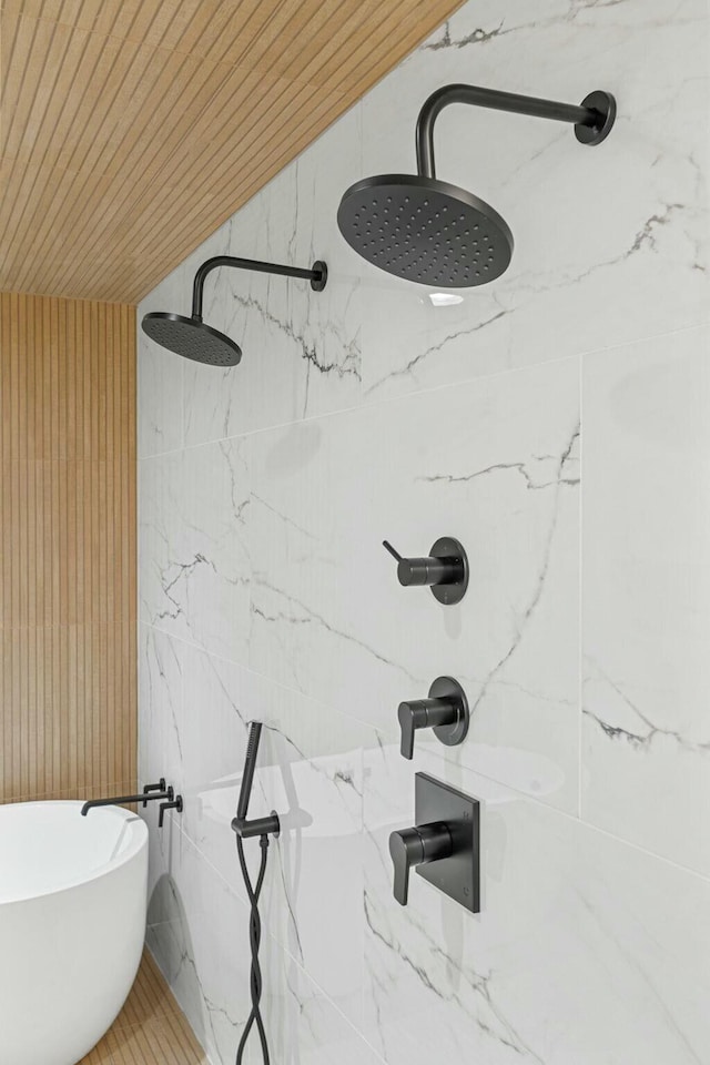 bathroom featuring wood ceiling and walk in shower