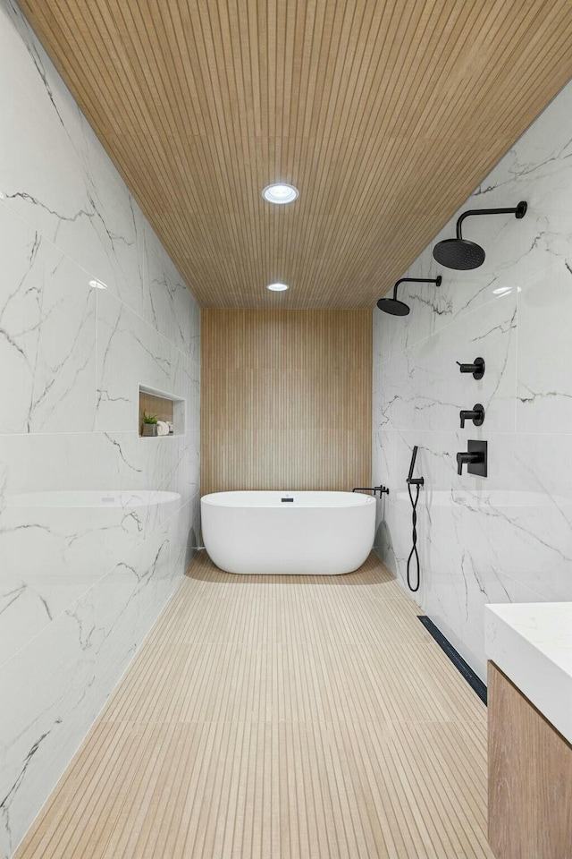 full bath with recessed lighting, a marble finish shower, wooden ceiling, and a soaking tub