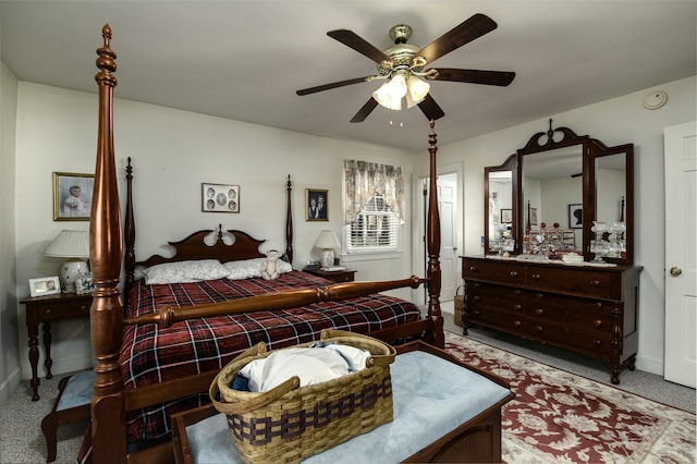 bedroom featuring carpet floors and ceiling fan