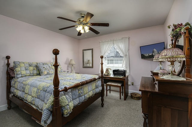 bedroom with ceiling fan and carpet