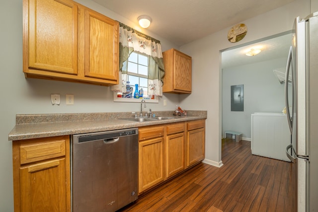 kitchen with baseboards, electric panel, dark wood-style floors, stainless steel appliances, and a sink