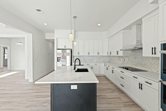 kitchen with stainless steel appliances, a sink, white cabinetry, backsplash, and a center island with sink