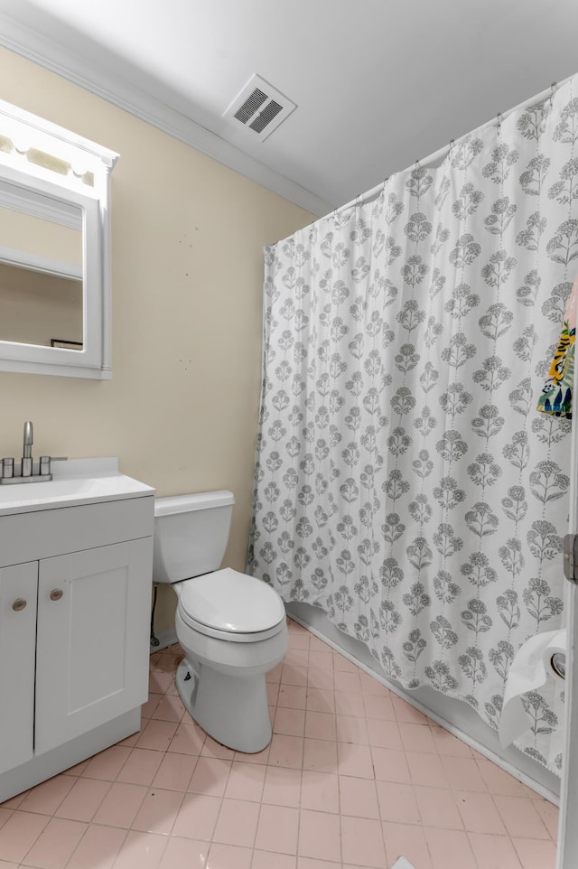 bathroom with ornamental molding, walk in shower, vanity, and toilet