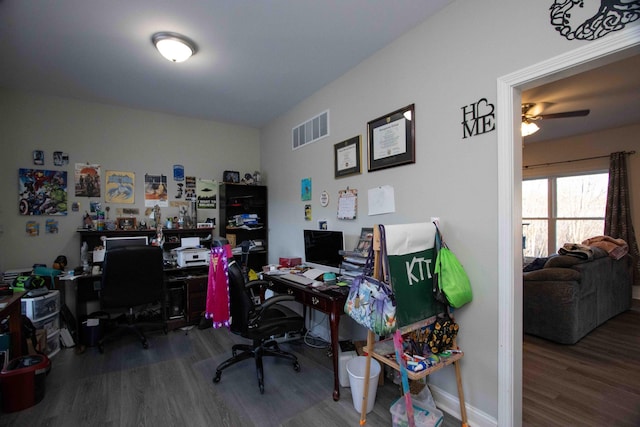 office space with ceiling fan and wood-type flooring