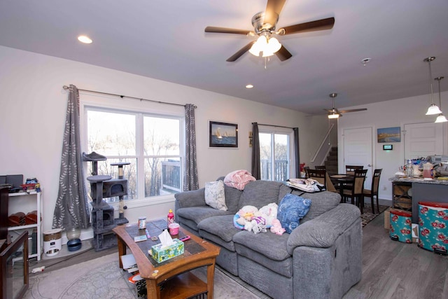 living room with a wealth of natural light, wood-type flooring, and ceiling fan