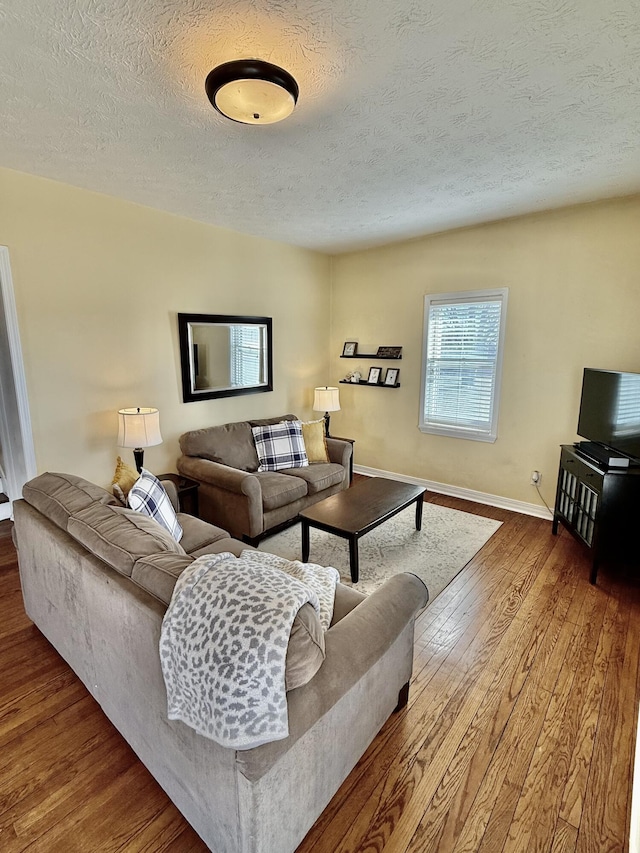 living room featuring hardwood / wood-style floors and a textured ceiling